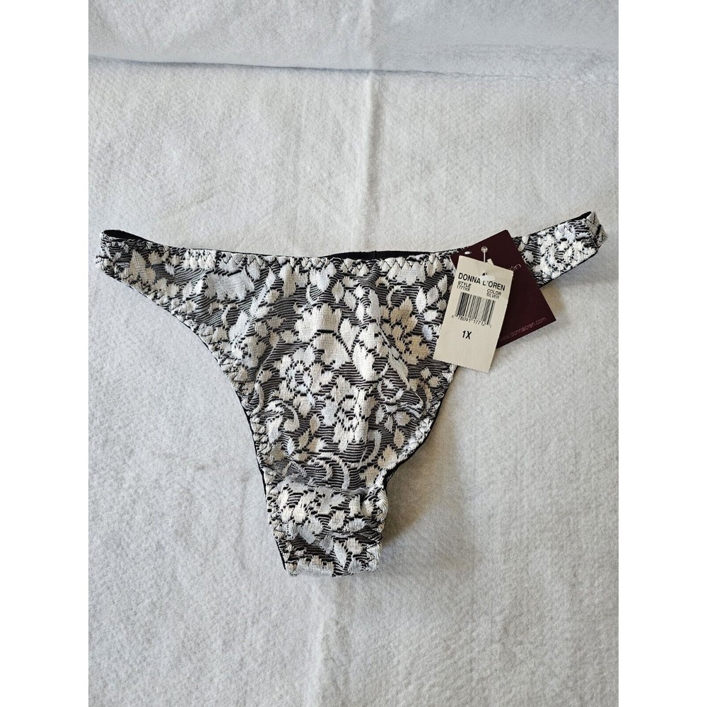 Donna Loren Panties Womens Black & White Embroidered Thong Panty Size 1X